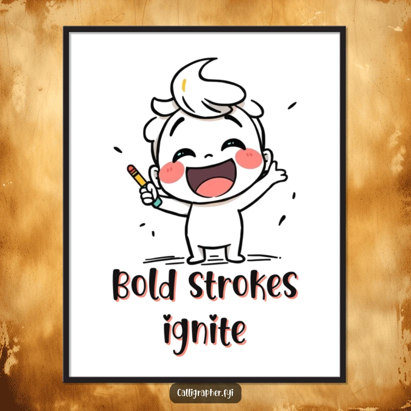 Funny digital art print of a smiling character actively sketching with energetic, bold strokes, representing artistic freedom.