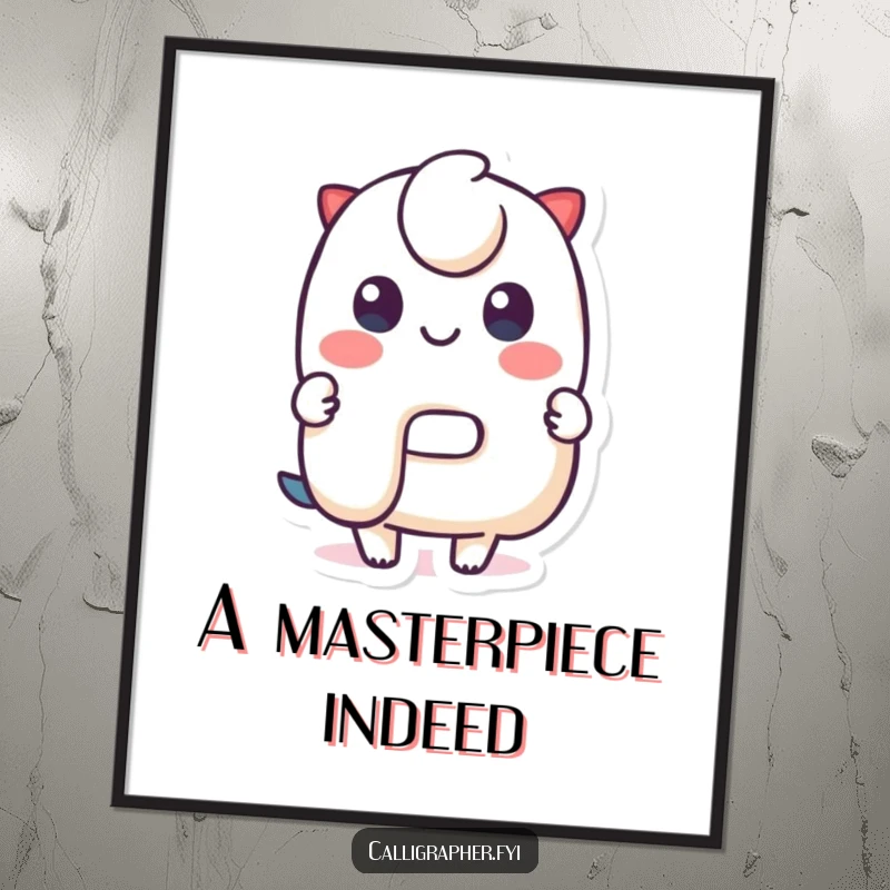 Funny Digital Art Print: A cute character joyfully shows off a perfectly formed stylized letter, offering instant artistic charm and humor.