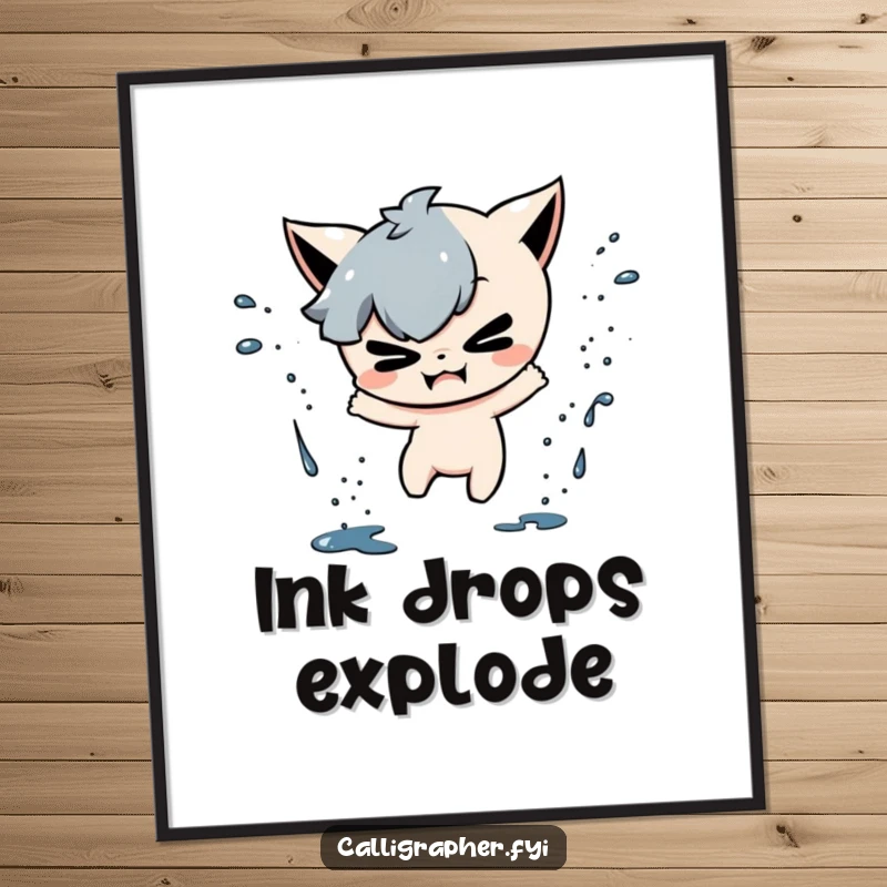 Funny digital art print of a mischievous character playfully splattering ink drops, capturing the joy of uninhibited artistic expression.