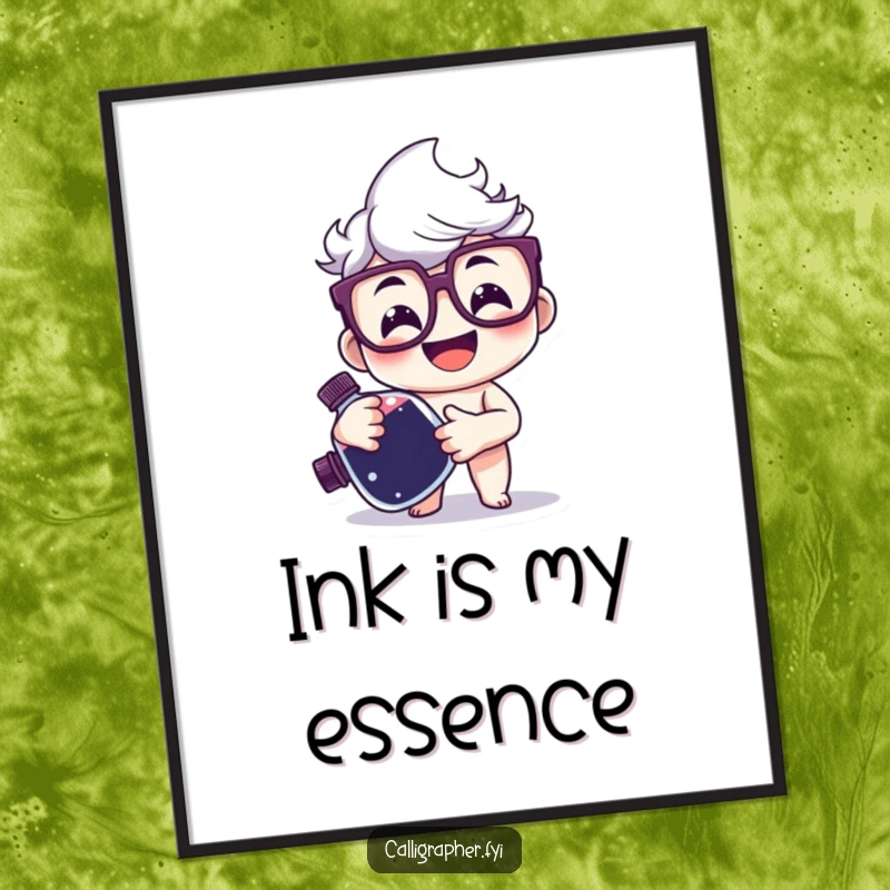 Funny Digital Art Print of a happy character with glasses holding a large ink bottle, symbolizing creativity and literary passion.