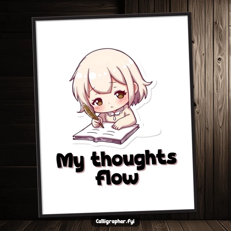 Funny digital art print of a cute character using a feathered quill to write, capturing the magic of storytelling.