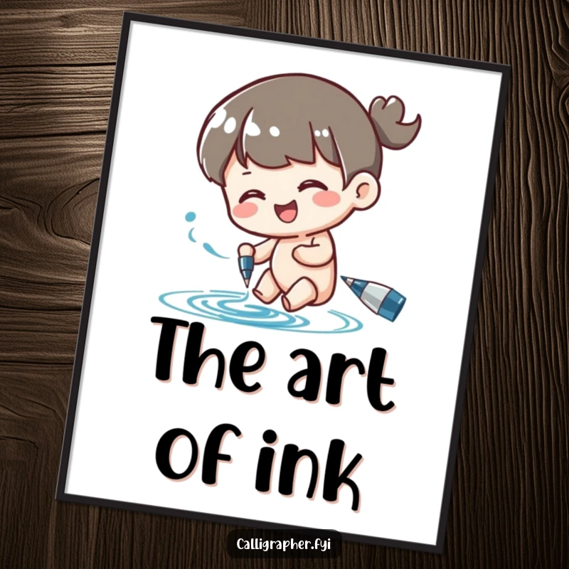 Funny digital art print of a character happily swirling ink from a pen, perfect for instant download and creative wall decor.