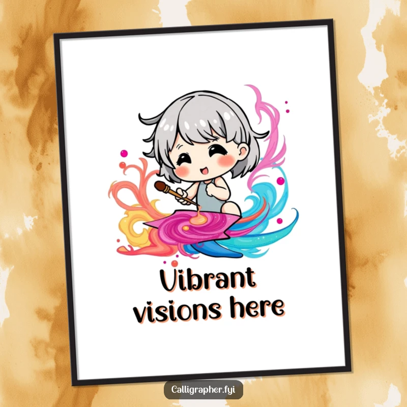 Funny digital art print of a cute character joyfully creating a swirling pattern with bright, energetic ink.