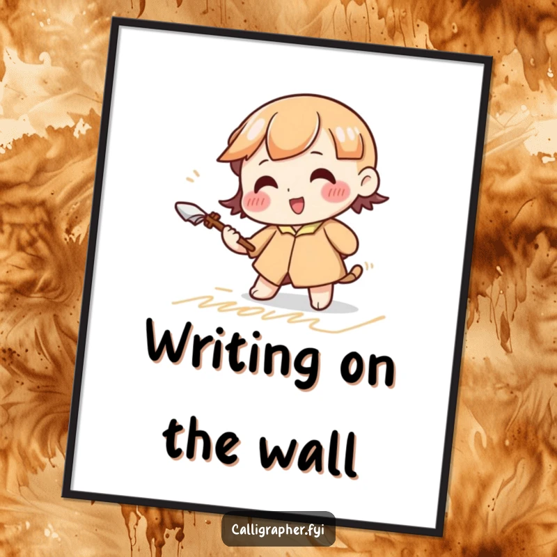 Funny digital art print of a cute character vigorously practicing elegant cursive strokes with a large quill, perfect for art lovers.