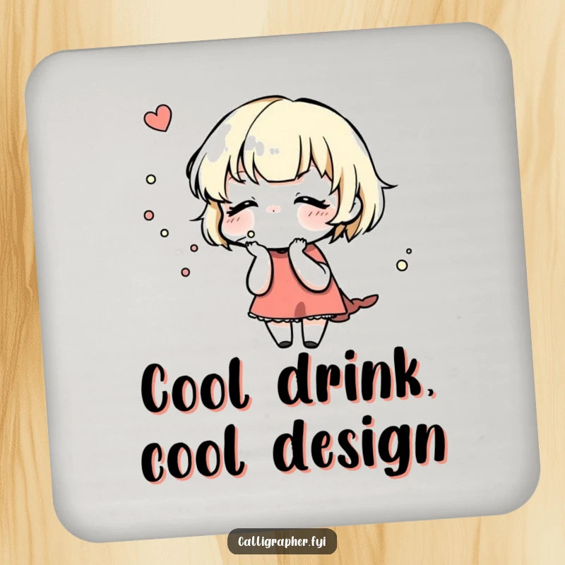 Funny Drink Coaster: A cute character gently blows on a freshly inked design, adding artistic flair and humor to protect tabletops.