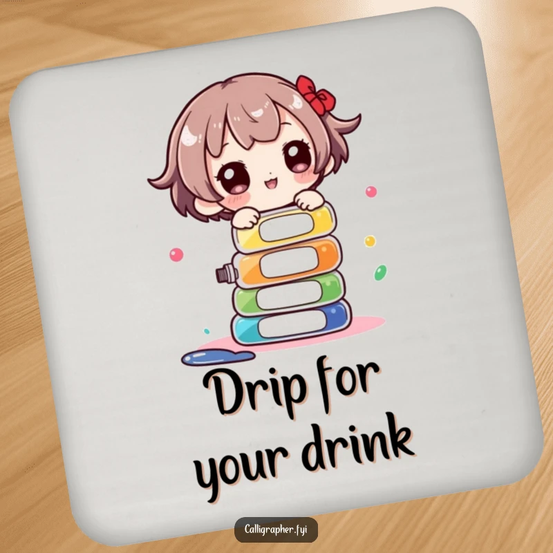Funny Coaster: Cute character playfully balancing a stack of ink bottles, protecting surfaces with artistic charm.