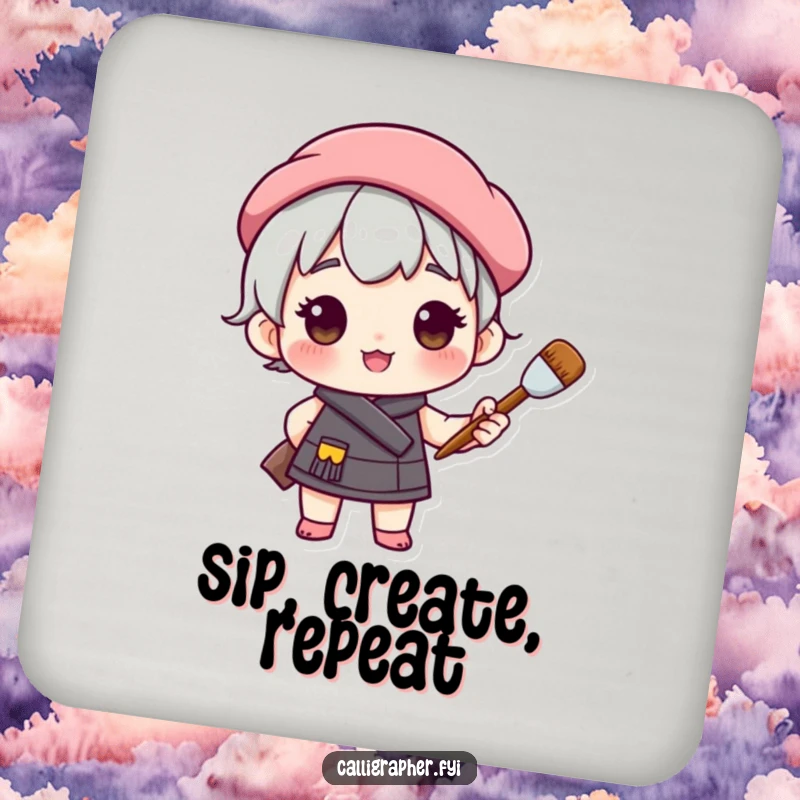 Funny drink coaster featuring a cute character in a beret, holding a paintbrush with an air of artistic pride and confidence.