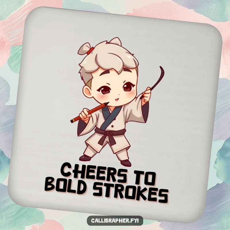 Funny coaster featuring a character artist dramatically gesturing with a calligraphy pen, creating a bold stroke, protecting tables with artistic flair.