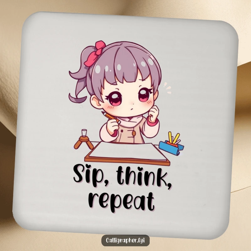 Funny coaster featuring a character artist in a thoughtful pose, holding a pencil poised above paper, protecting tables with creative contemplation.