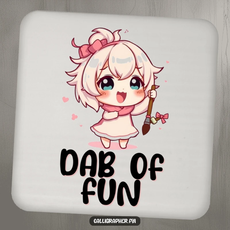 Funny cute character painting a grand flourish with a brush, designed for a functional and humorous coaster.