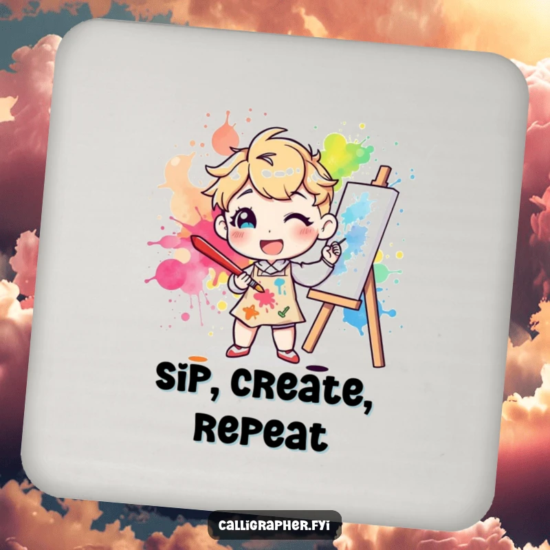 Funny coaster featuring a happy character artist splattering colorful ink on a canvas with a large brush, protecting tables with artistic flair.