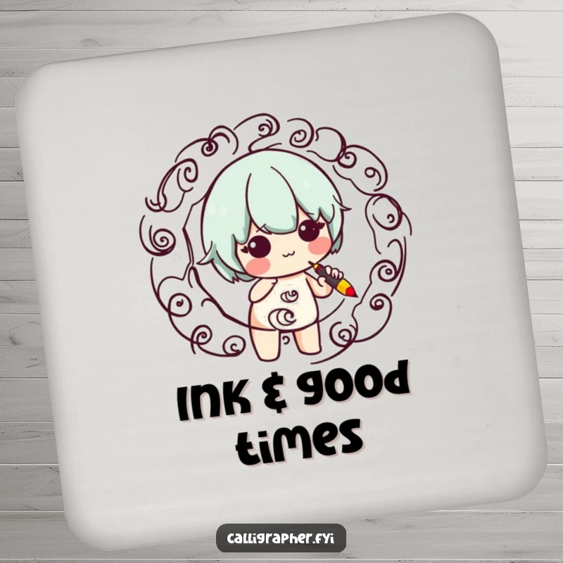 Funny drink coaster showcasing a cute character skillfully creating swirling designs with a calligraphy pen, protecting surfaces with artistic flair.