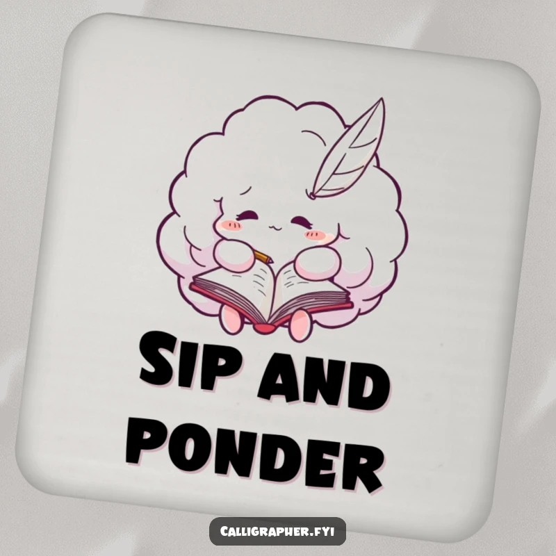 Funny drink coaster featuring a fluffy cloud using a quill pen to write in a notebook, adding humor to your table.