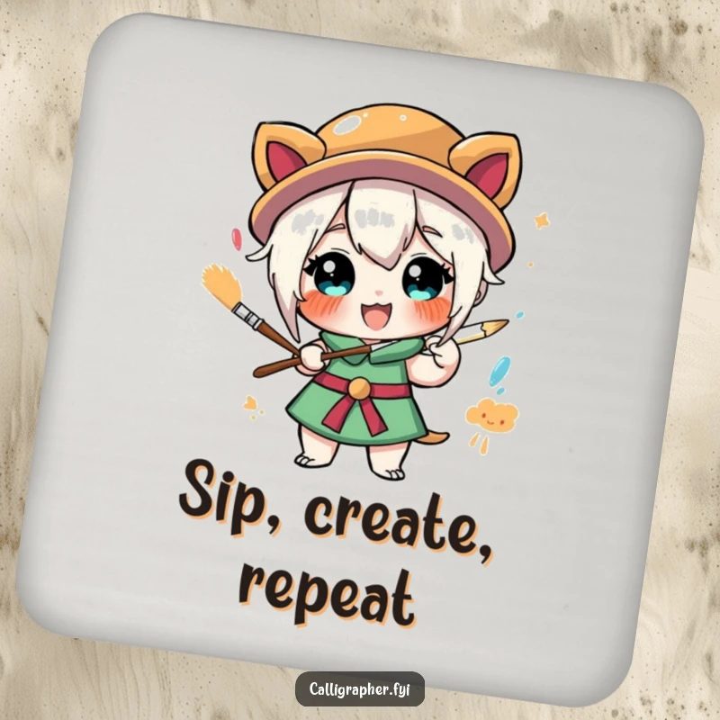 Funny drink coasters featuring a stylized character exuberantly painting, protecting surfaces with artistic flair and a humorous touch.