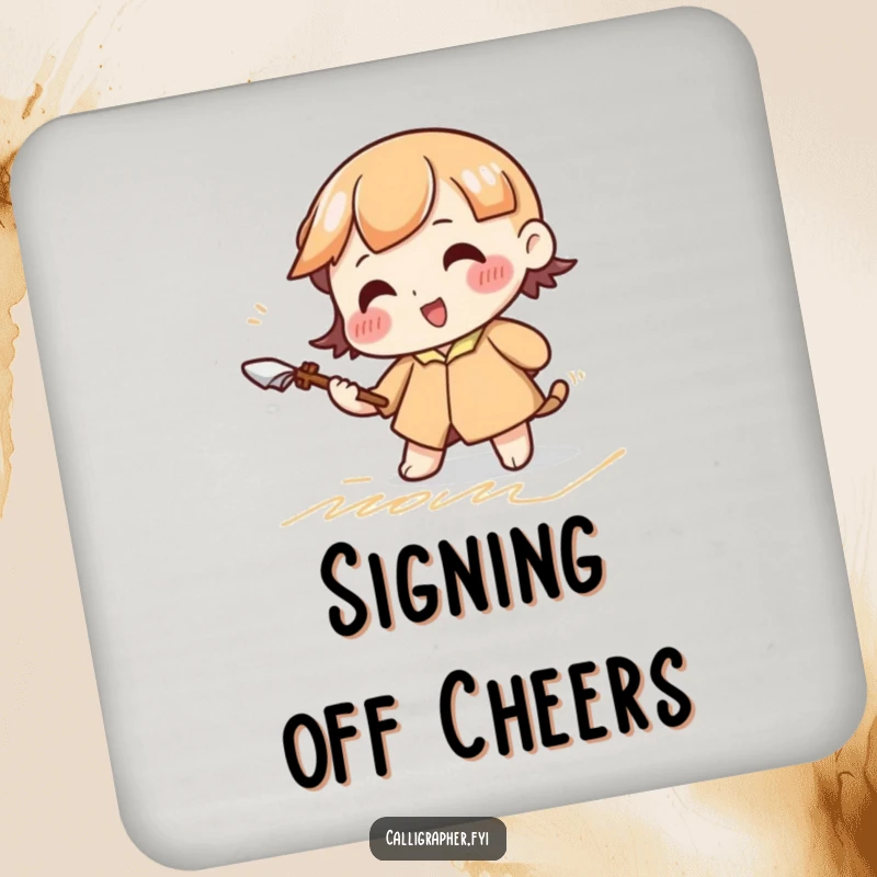 Funny drink coaster featuring a cute character diligently practicing elegant cursive strokes with a large quill, adding artistic charm.