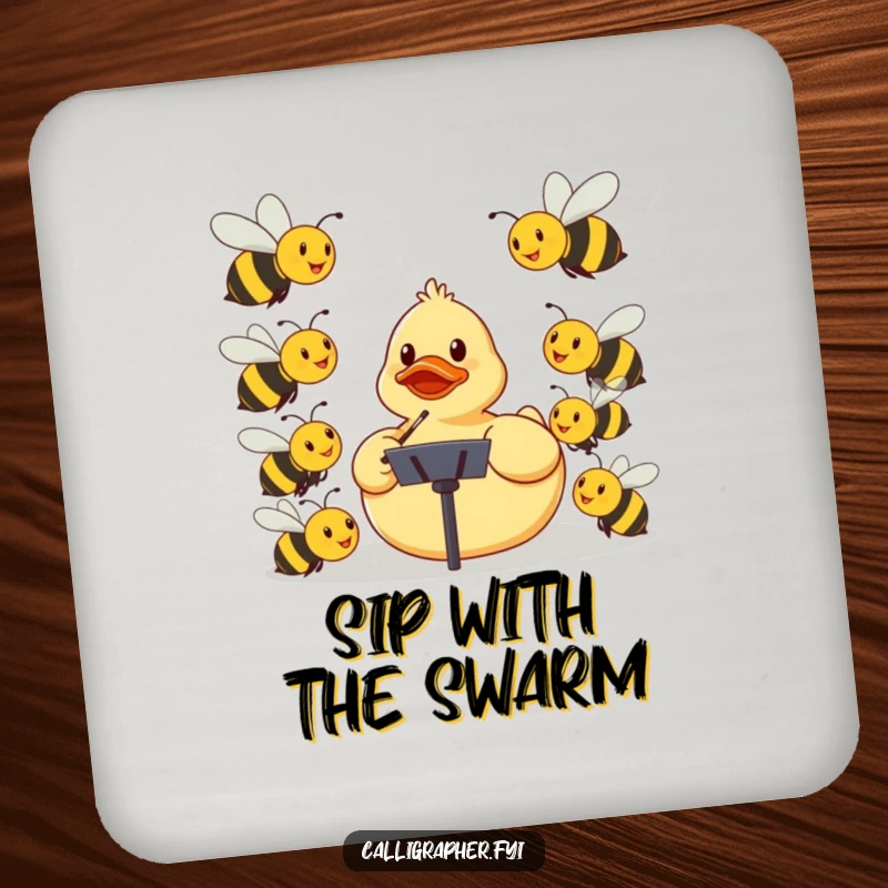 Funny drink coaster featuring a rubber ducky conducting smiling bees in an orchestra, a humorous table accessory.