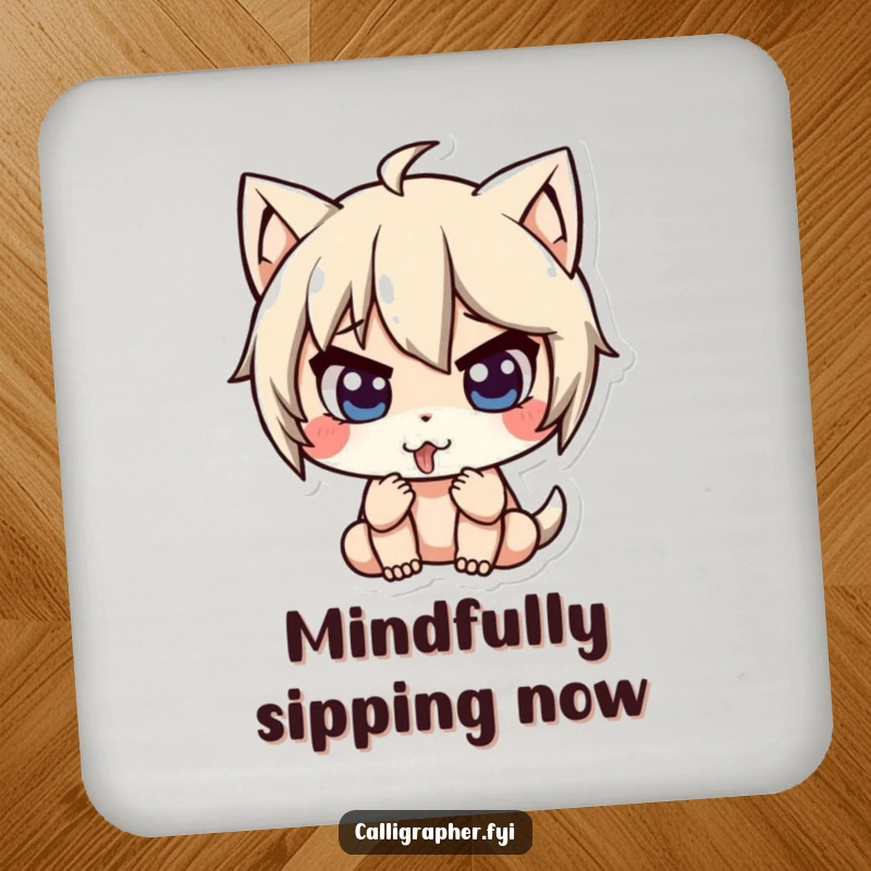 Funny coaster with a cute character intensely concentrating, tongue slightly out, protecting surfaces with style.