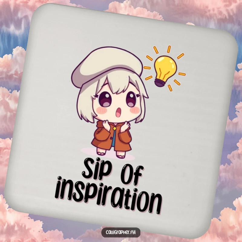 Funny Drink Coaster featuring a surprised character wearing a beret, reacting to a brilliant artistic idea, perfect for any surface.