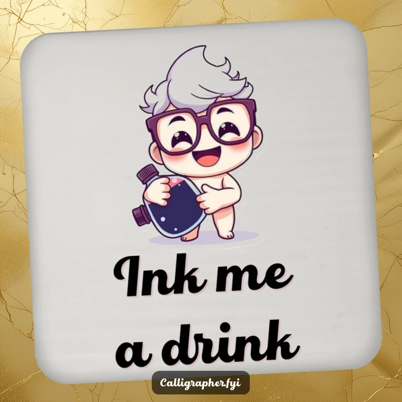 Funny Drink Coaster with a happy character wearing glasses holding a large ink bottle, bringing literary humor to your surfaces.