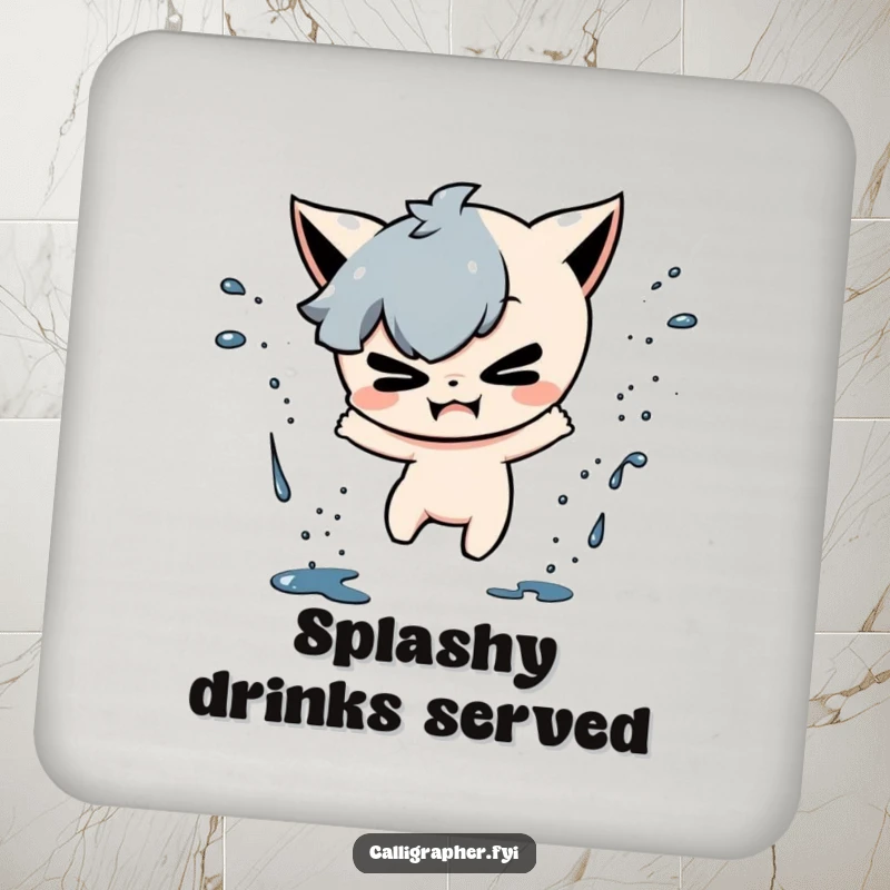 Funny drink coaster with a mischievous character playfully splattering ink drops, adding artistic flair and surface protection.