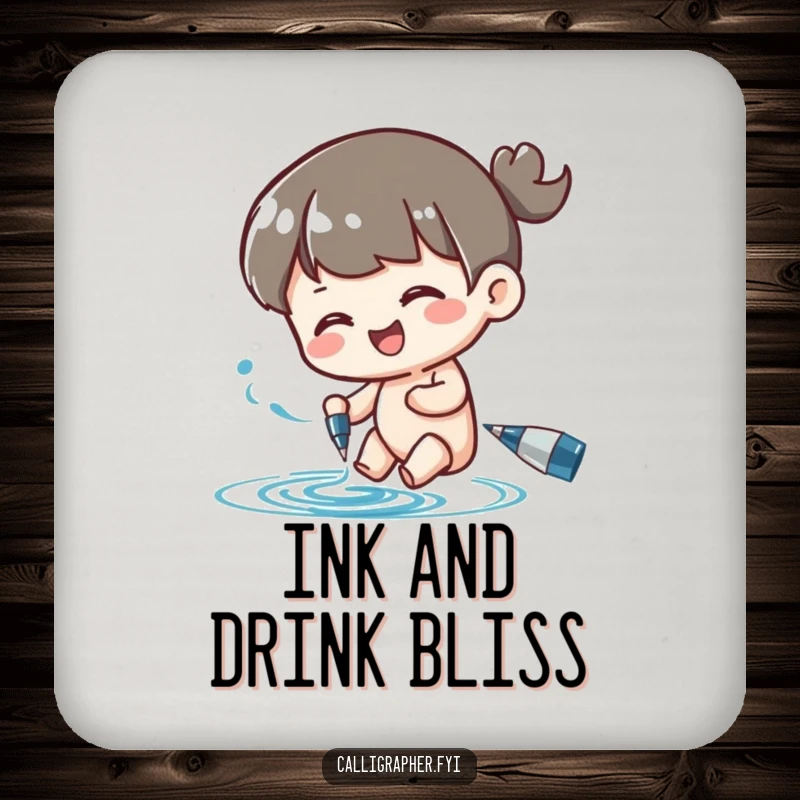 Funny drink coaster showcasing a character happily swirling ink from a pen, perfect for adding an artistic and humorous touch to tabletops.