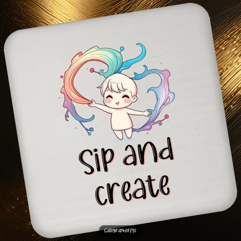 Funny coasters featuring a cute character artistically swirling colorful ink patterns in the air, designed to protect furniture with whimsical art.