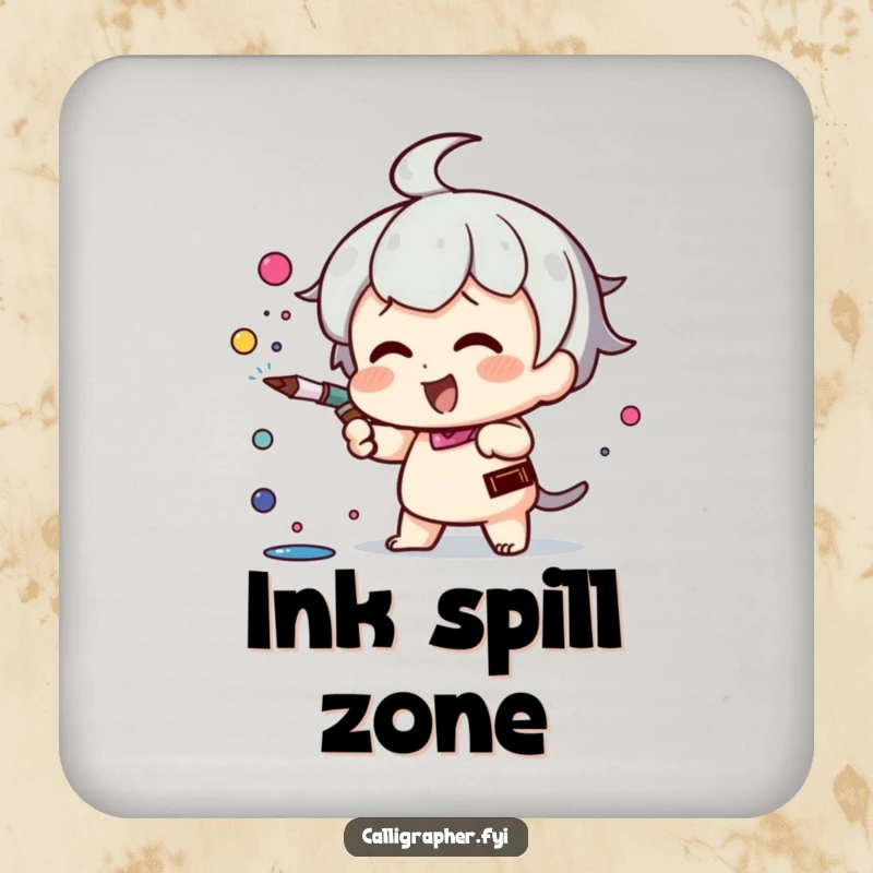 Funny Kawaii character drink coaster, energetically spraying ink from a pen nib, offering protective charm with artistic flair.