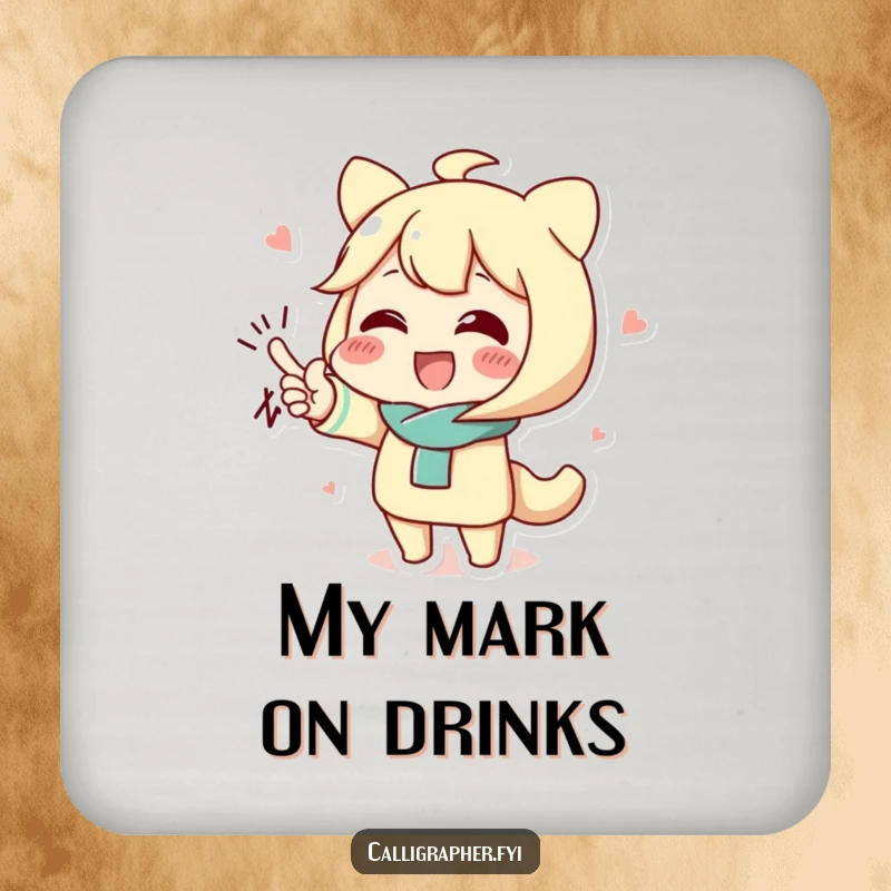 Funny drink coaster featuring a cute character's ornate flourished signature, adding a touch of class.