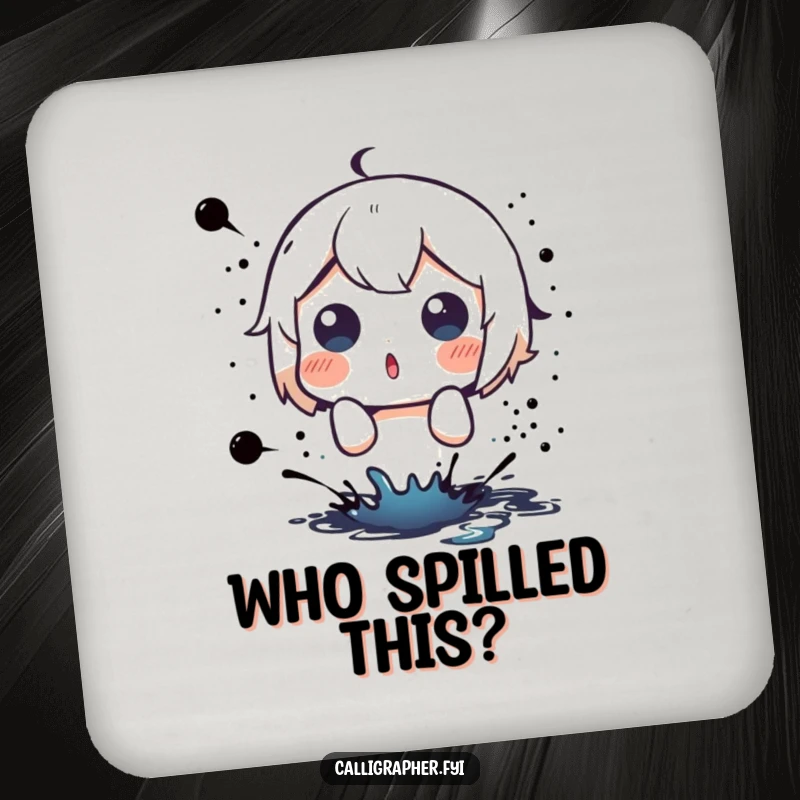 Funny coaster showing a cute character with a surprised expression at an unexpected ink splatter.
