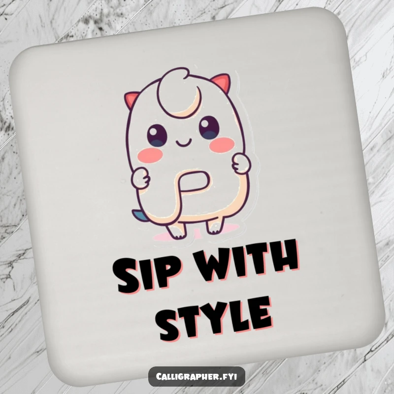 Funny Drink Coaster: A cute character displays a perfectly formed stylized letter, adding artistic flair and humor to protect tabletops.