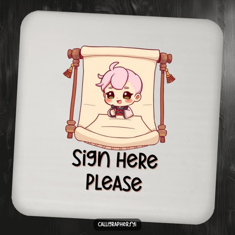 Funny drink coaster set featuring a cute character dramatically signing a large scroll, adding a humorous touch.