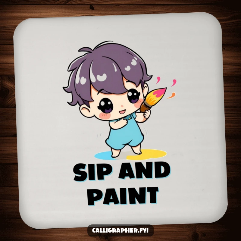 Funny drink coaster featuring a cute character enthusiastically twirling a paintbrush with vibrant ink, protecting surfaces with art.