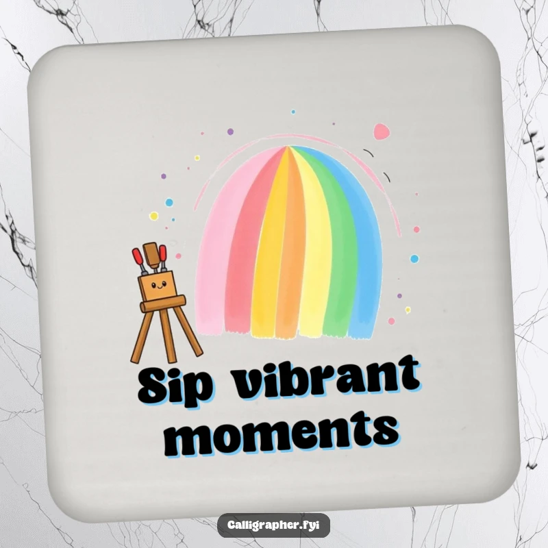 Funny drink coasters featuring an artist painting a rainbow, adding artistic charm and surface protection with a humorous touch.