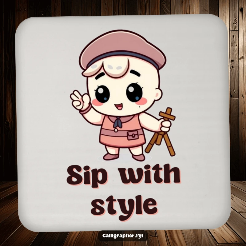 Funny kawaii character wearing a beret and posing proudly as an artist, a humorous coaster to protect surfaces.