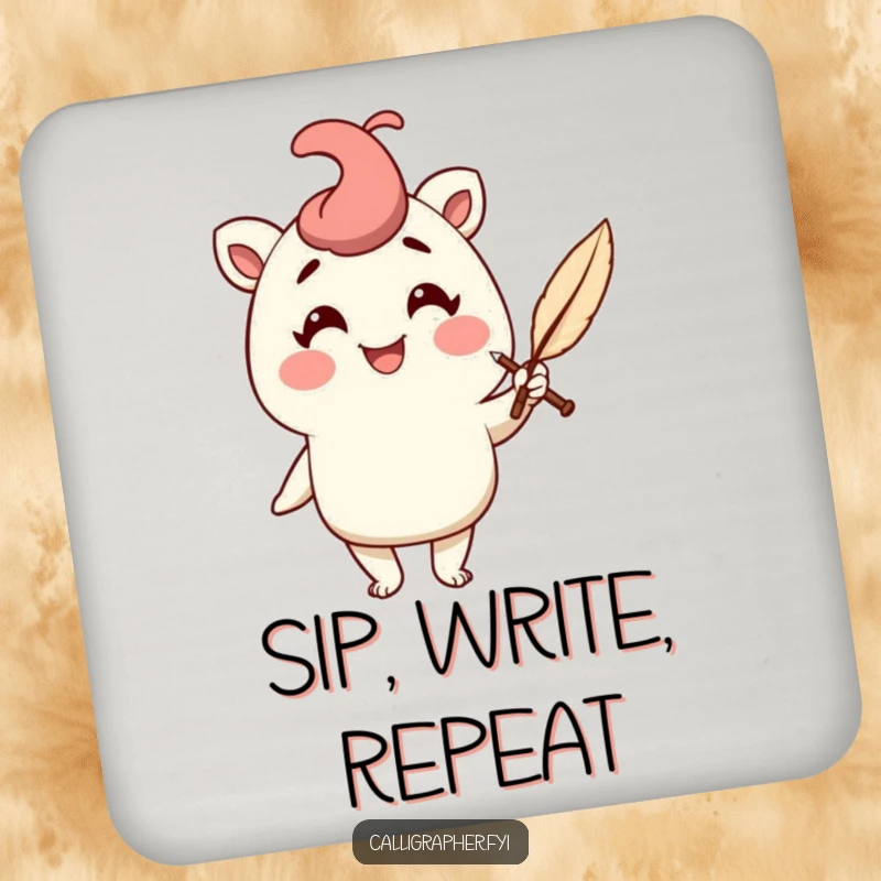 Funny drink coasters featuring a cheerful character holding a quill pen with a flourish, adding literary humor to tabletops.