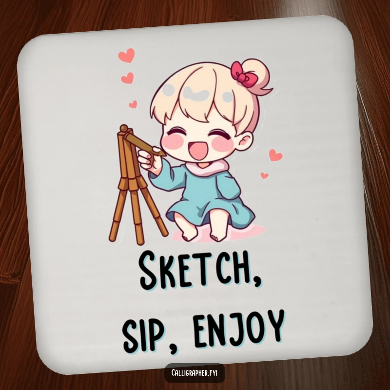 Funny drink coasters featuring a character joyfully sketching a whimsical design, adding a touch of artistic humor to tabletops.