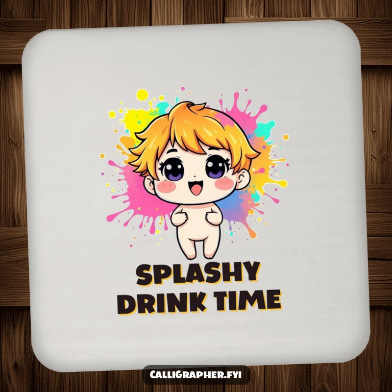 Funny Drink Coaster with a playful character creating colorful paint splashes, adding artistic charm to table settings.