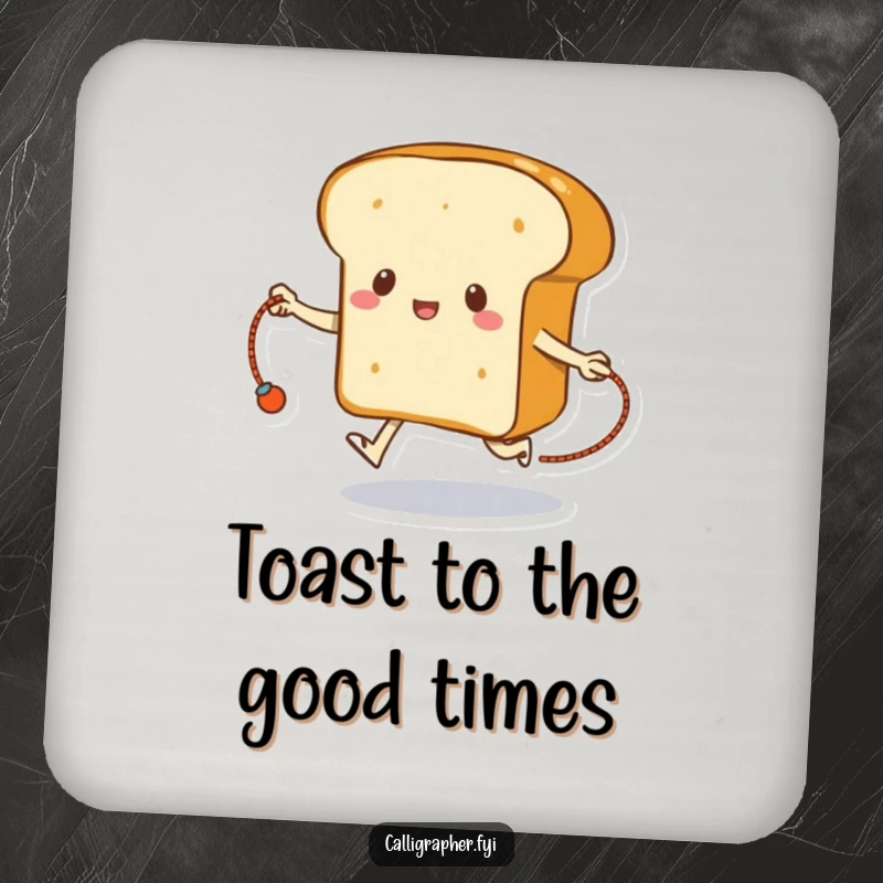 Funny drink coaster featuring a loaf of bread skipping rope with its crust, a humorous table accessory.