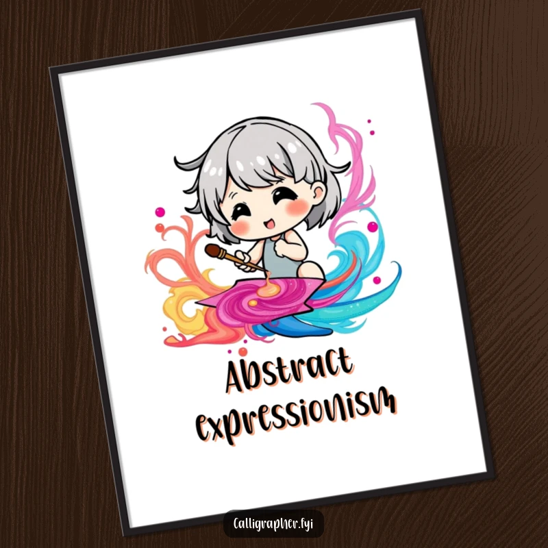 Funny poster of a cute character joyfully painting a swirling pattern with bright, energetic ink strokes on a canvas.