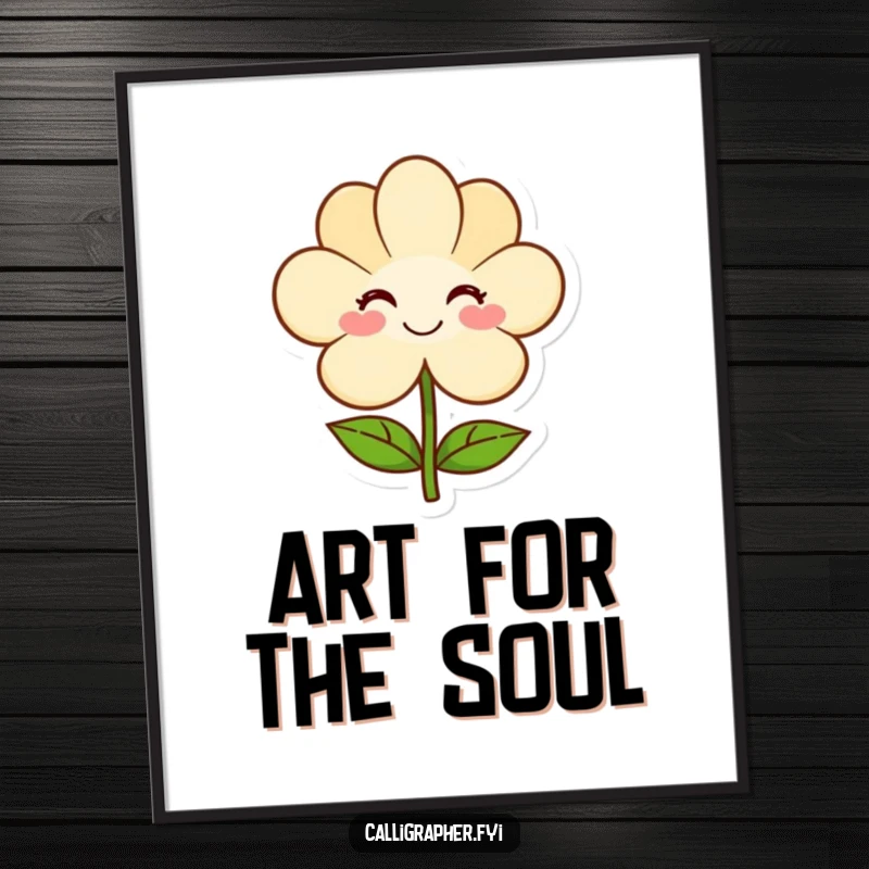 Funny poster featuring a smiling artist offering a simple, delicate flower illustration, symbolizing artistic talent and heartfelt gestures.