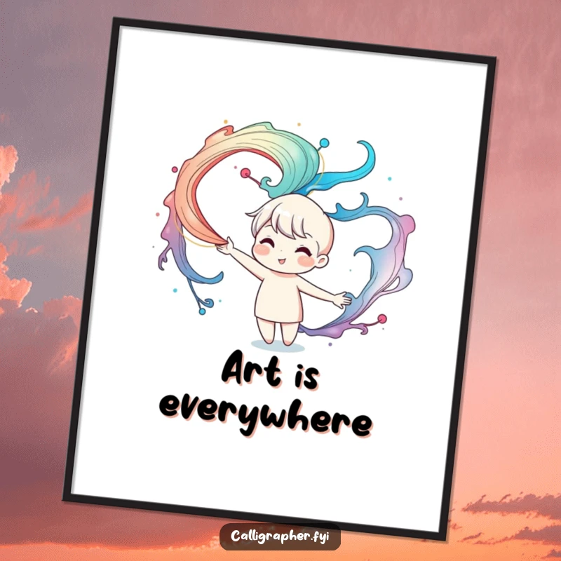 Funny poster of a cute character artistically swirling magical ink patterns in the air, adding a vibrant and whimsical touch to any room.