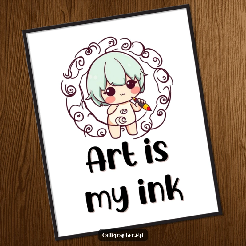 Funny poster showing a cute character with a calligraphy pen, expertly crafting mesmerizing swirling patterns, adding artistic joy to any room.
