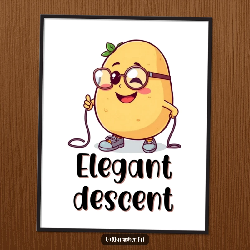 Funny poster art of a cheerful potato character in a monocle, comically tripping over its shoelaces.