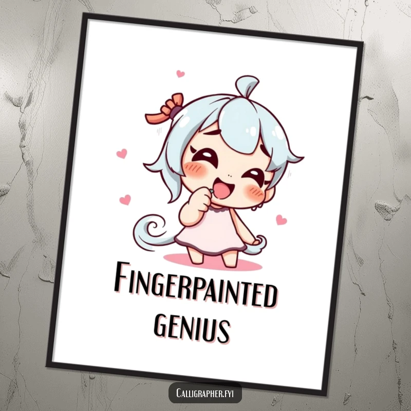 Funny poster of a giggling character artist playfully drawing a swirling pattern with their finger, capturing spontaneous and joyful artistic creation.