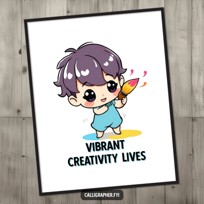 Funny poster of a cute character enthusiastically twirling a paintbrush with vibrant ink, adding a touch of artistic energy.