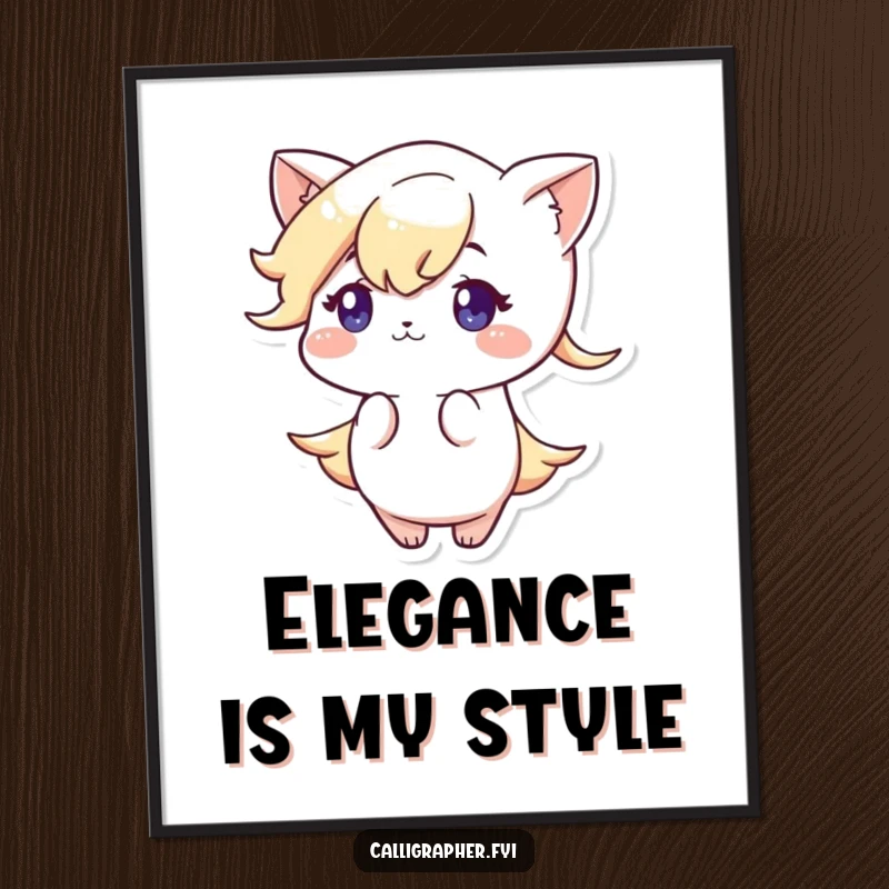 Funny poster depicting a cute character with intense focus meticulously drawing an elegant flourish, symbolizing artistic precision and beauty.