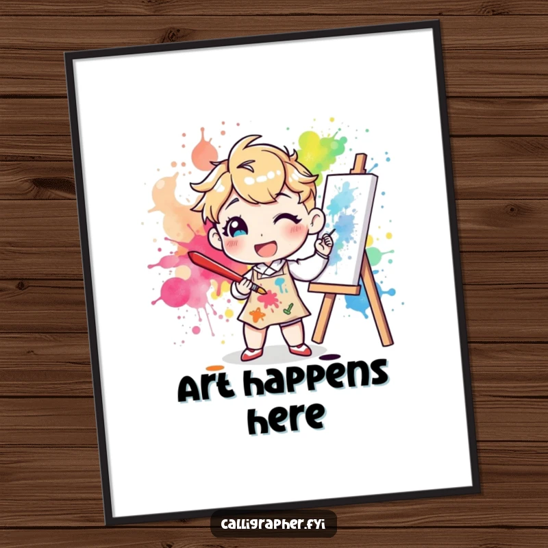 Funny poster of a cheerful character artist happily splattering colorful ink onto a canvas with a large brush, a dynamic and humorous art piece.