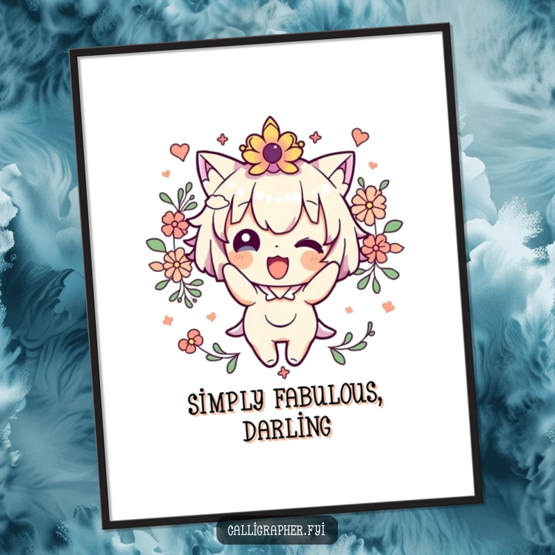 Funny Poster of a cute character gleefully decorating with swirling flourishes and colorful accents, creating a vibrant and cheerful atmosphere.