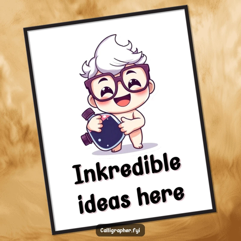 Funny Poster of a happy character wearing glasses, smiling and holding a large ink bottle, perfect for literary-themed decor.