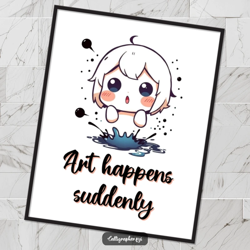 Funny poster depicting a cute character with a startled, surprised expression due to a sudden and messy ink splatter.